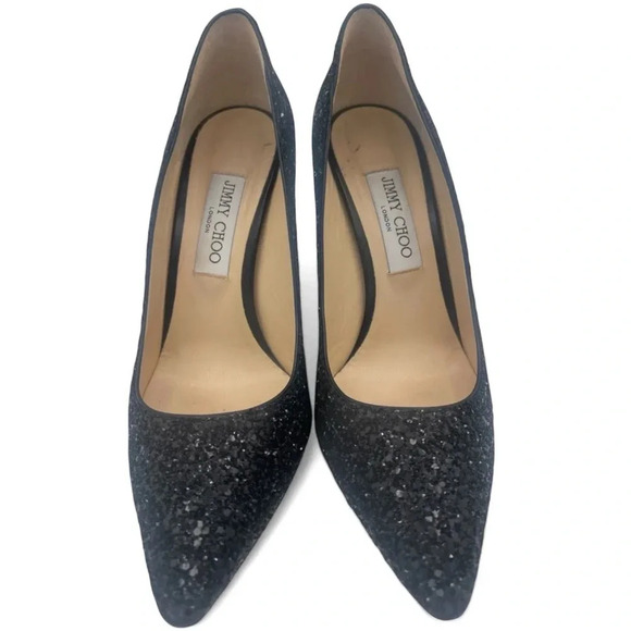 Jimmy Choo Shoes - Jimmy Choo Romy Pointed Toe Black Glitter Stiletto Glossy Heel Pumps US 10